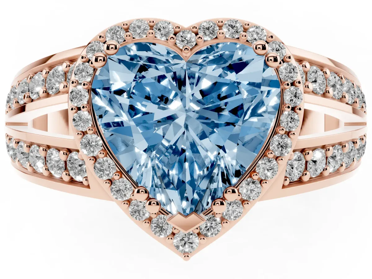 Fancy Blue Heart Cut Diamond Halo Ring with Split Shank Pavé Band and Four-Prong Setting Rose gold