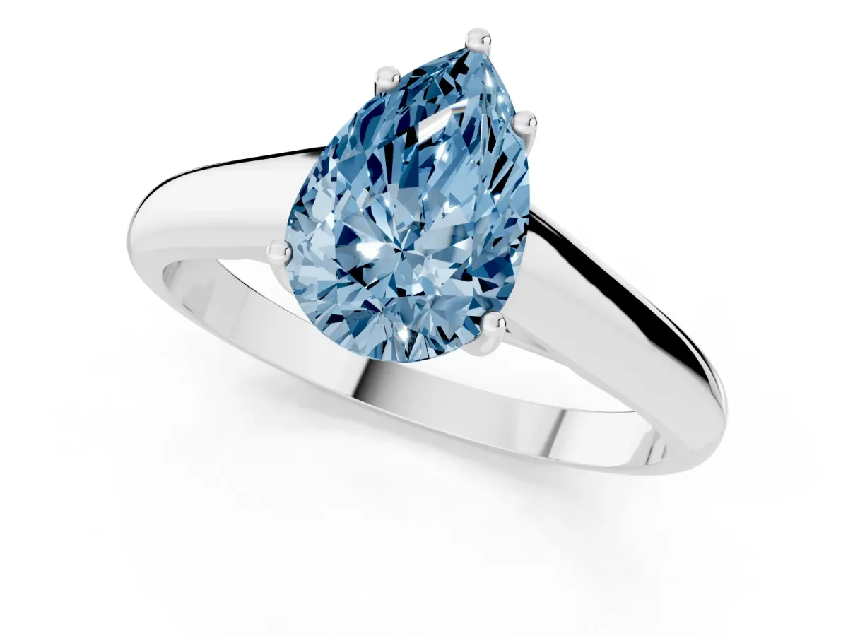Fancy Blue Pear Cut Solitaire Engagement Ring with Tapered Band and Four-Prong Setting Platinum