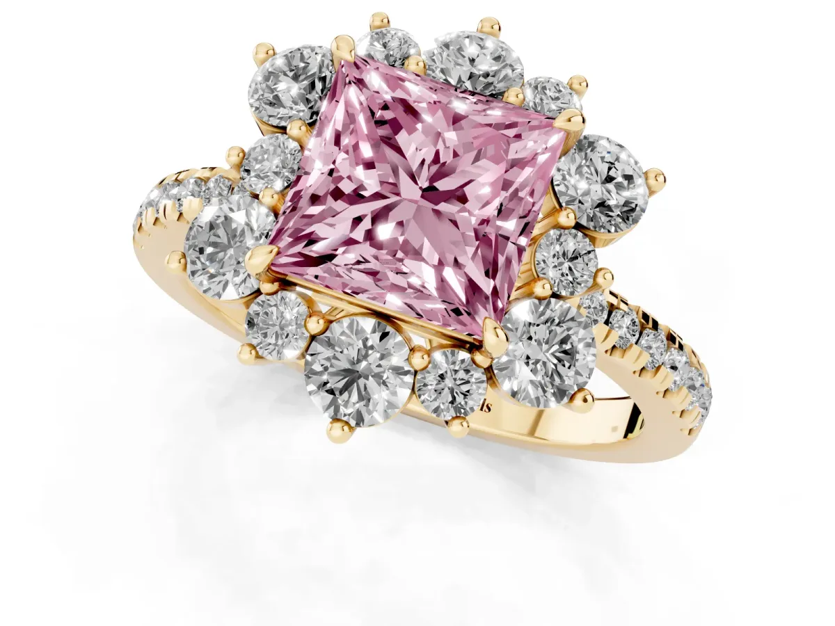 Fancy Pink Princess Cut Diamond Floral Halo Ring with Round Pavé Band and Prong Setting Yellow gold