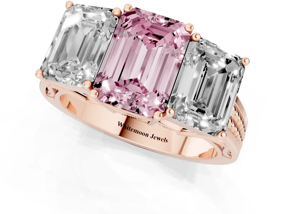 Fancy Pink Emerald Cut Diamond Three-Stone Ring with Prong Setting and Textured Band Rose gold