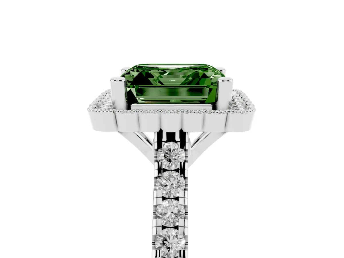 Fancy Green Asscher Cut Cut Diamond Milgrain Floral Halo Engagement Ring with Pavé Band Silver