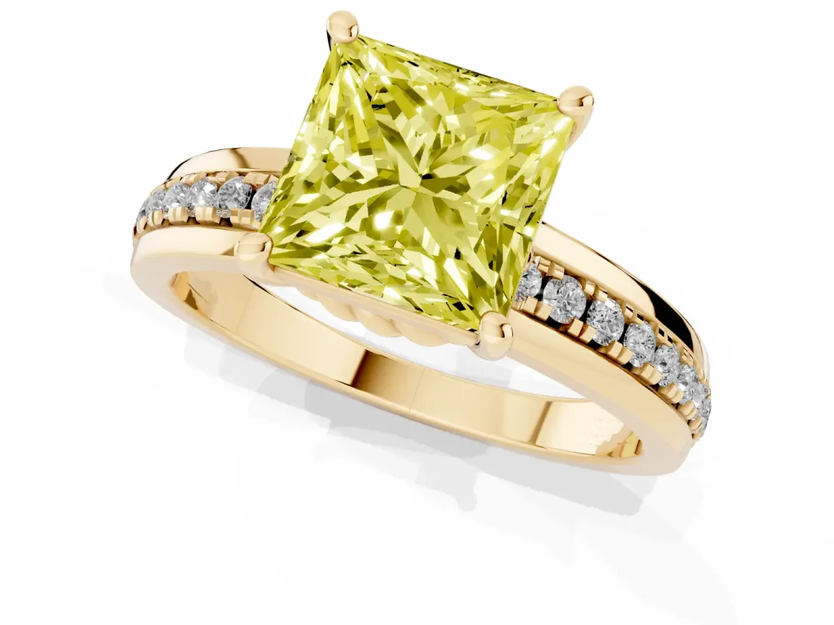 Fancy Yellow Princess Cut Solitaire Diamond Ring with Channel Set Band and Six-Prong Setting Yellow gold