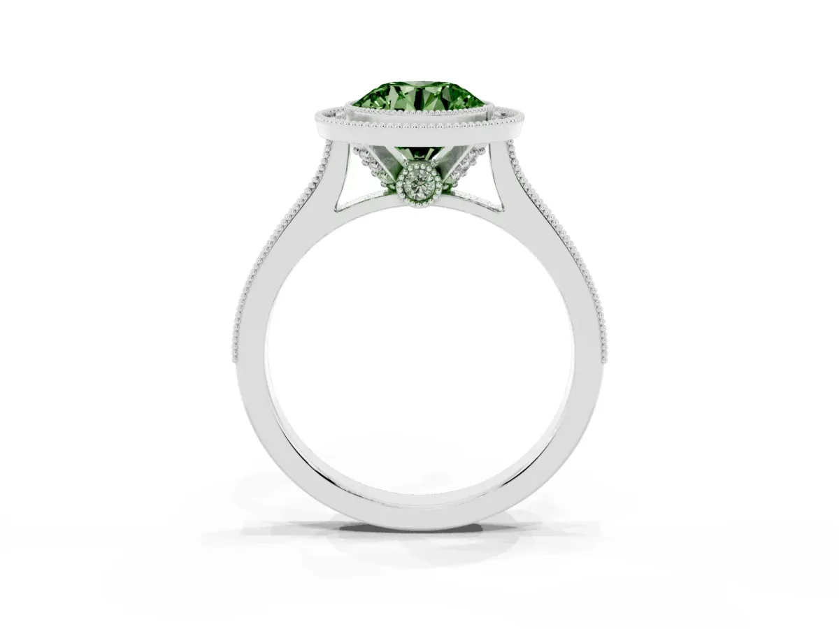 Fancy Green Halo Round Cut-Cut Diamond Pave Band Milgrain Prong Setting Ring Silver