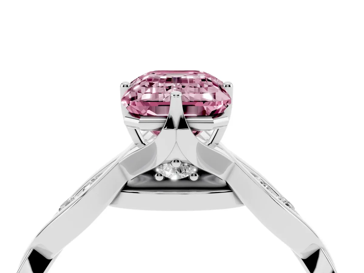 Fancy Pink Emerald Cut Solitaire Twist Band with Leaf Prong Setting Platinum