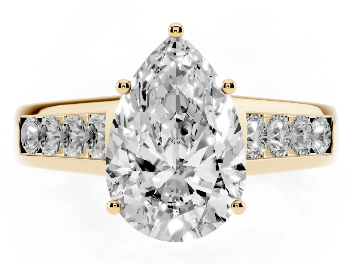 Pear Cut Solitaire Channel-Set Diamond Engagement Ring with Four-Prong Setting Yellow gold