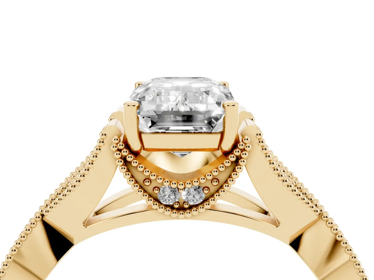 Emerald Cut Cut Diamond Twisted Band with Milgrain Pave Setting and Four-Prong Setting Yellow gold