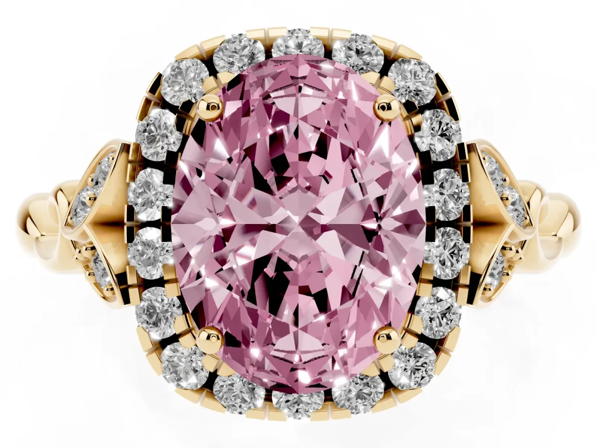 Fancy Pink Oval Cut Halo Diamond Engagement Ring with Vintage-Inspired Band and Four-Prong Setting Yellow gold