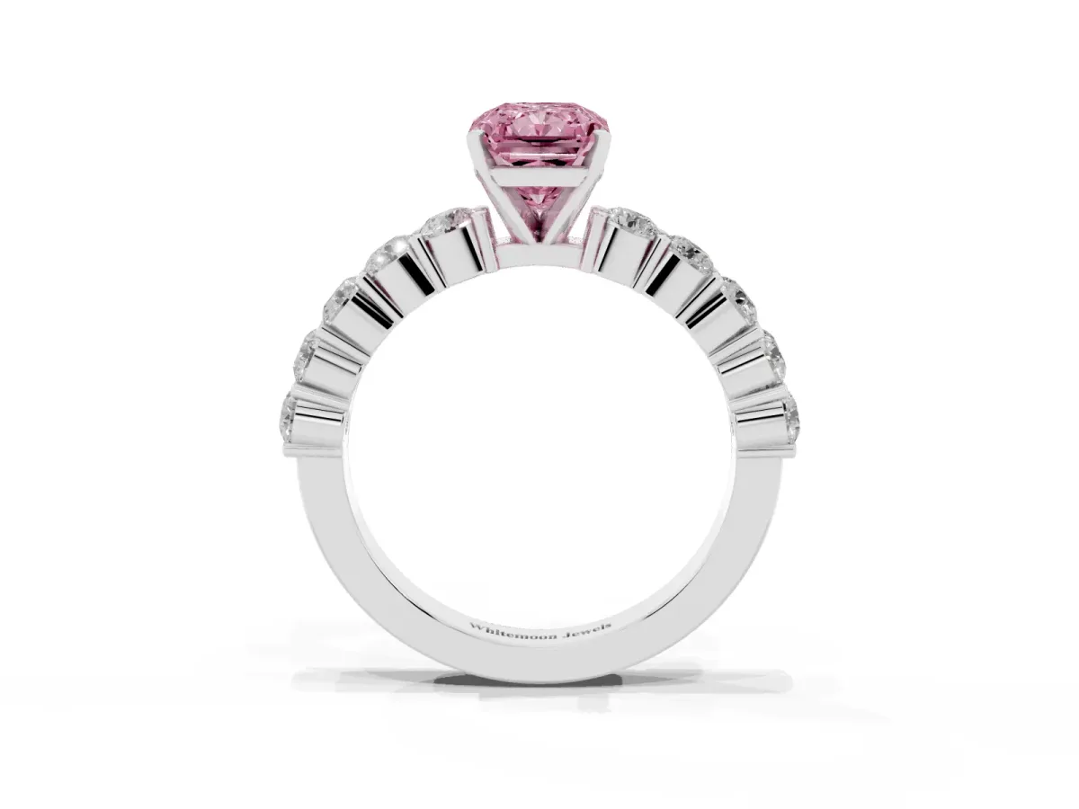 Fancy Pink Radiant Cut Diamond Solitaire Ring with Shared Prong Round Side Stones Platinum