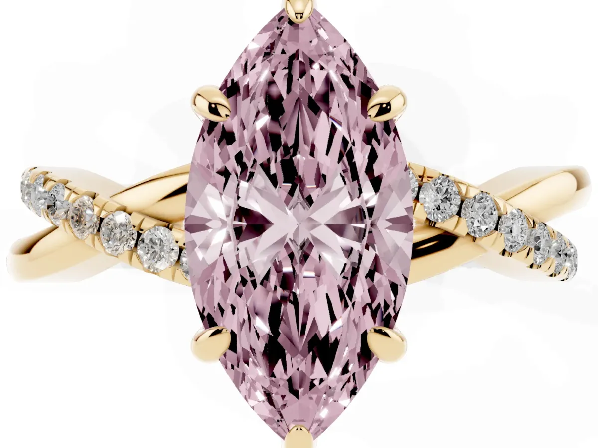 Fancy Pink Marquise Cut Cut Diamond Twist Band Solitaire with Prong Setting Yellow gold