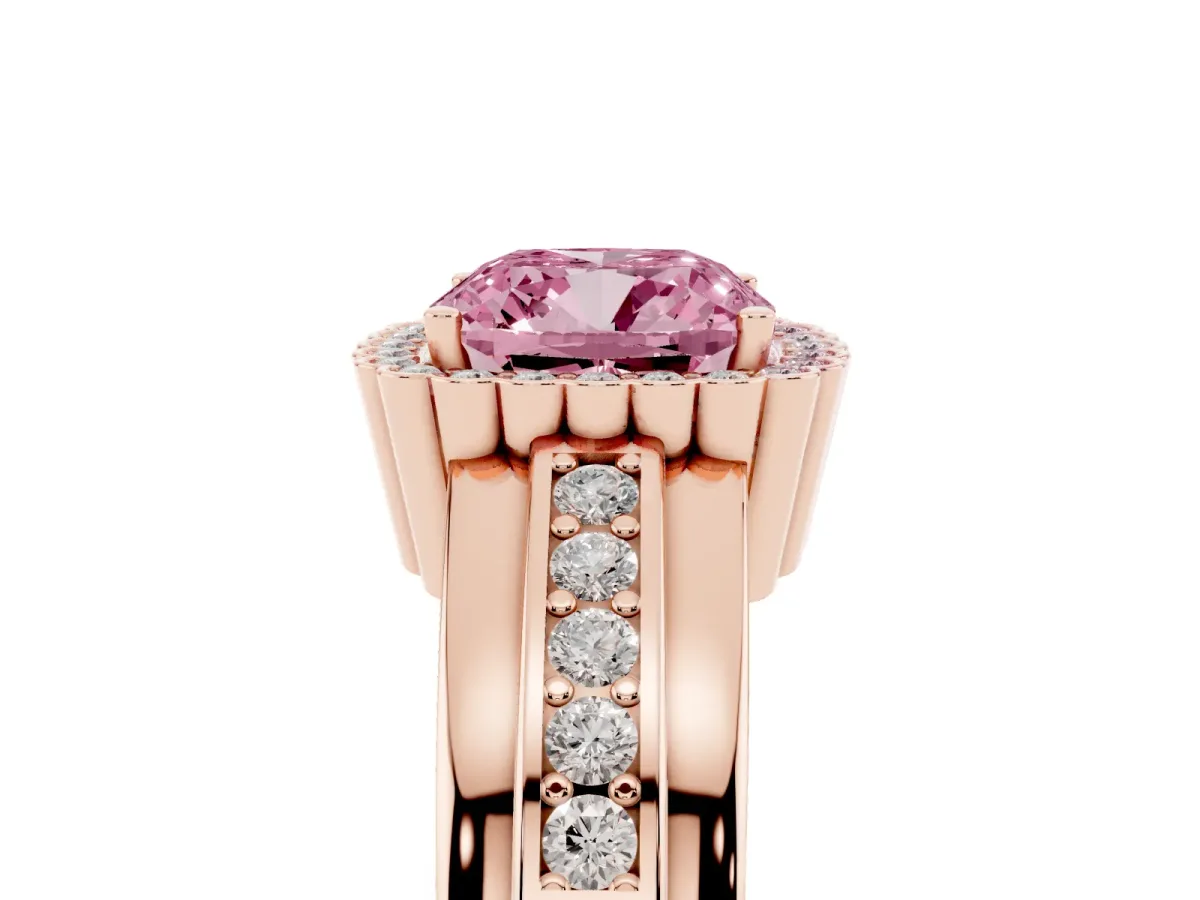 Fancy Pink Cushion Cut Cut Halo Pave Band Four-Prong Ring Rose gold