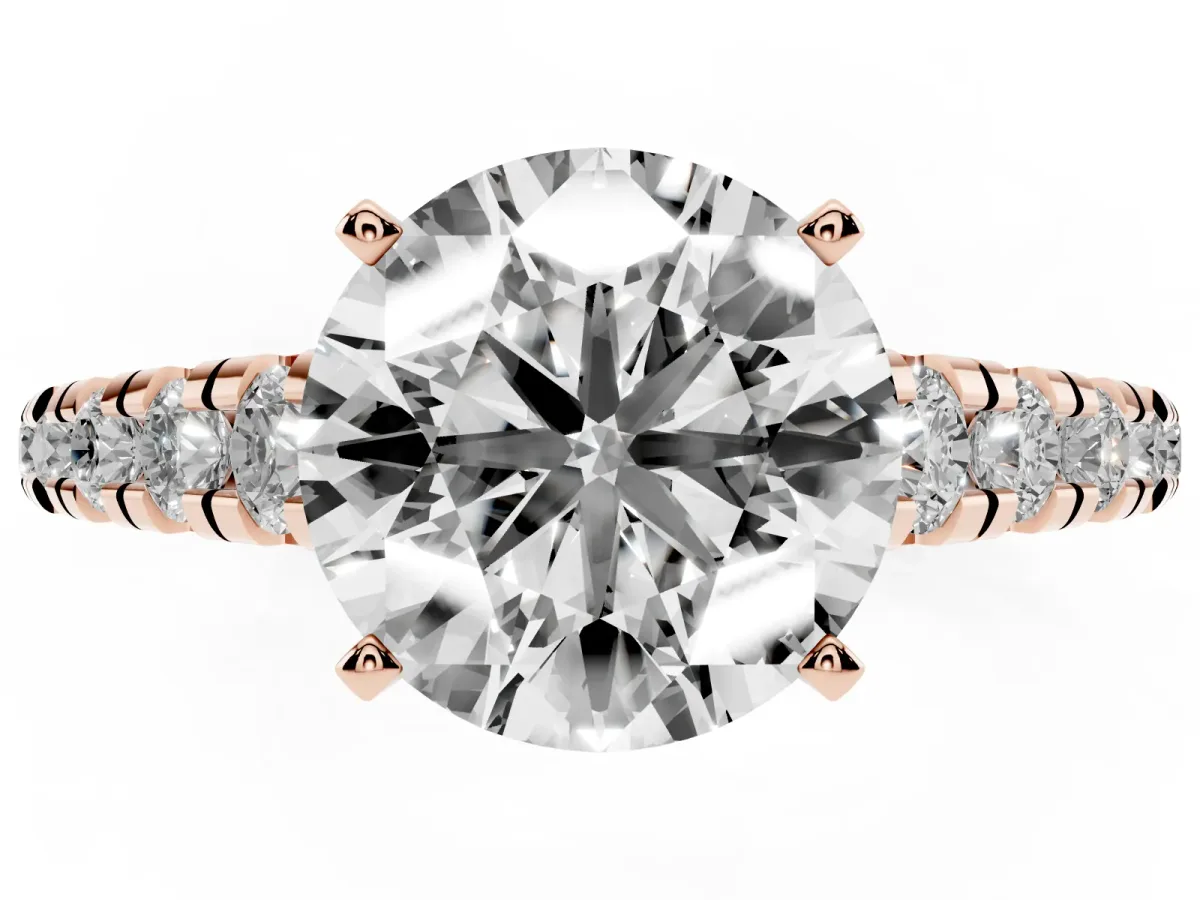 Round Cut Diamond Cathedral Solitaire Ring with Round Pavé Band Rose gold