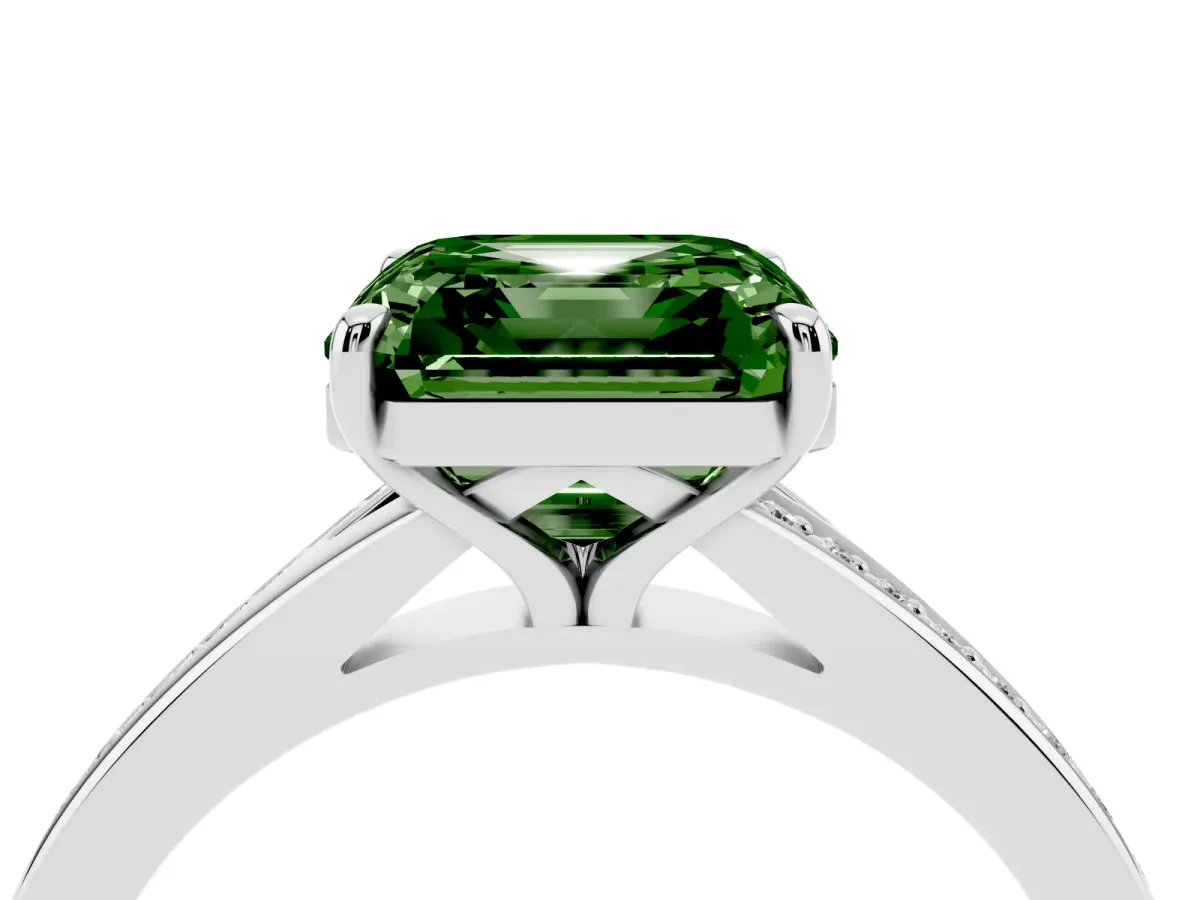 Fancy Green Asscher Cut Diamond Solitaire Ring with Pavé Band and Prong Setting Silver