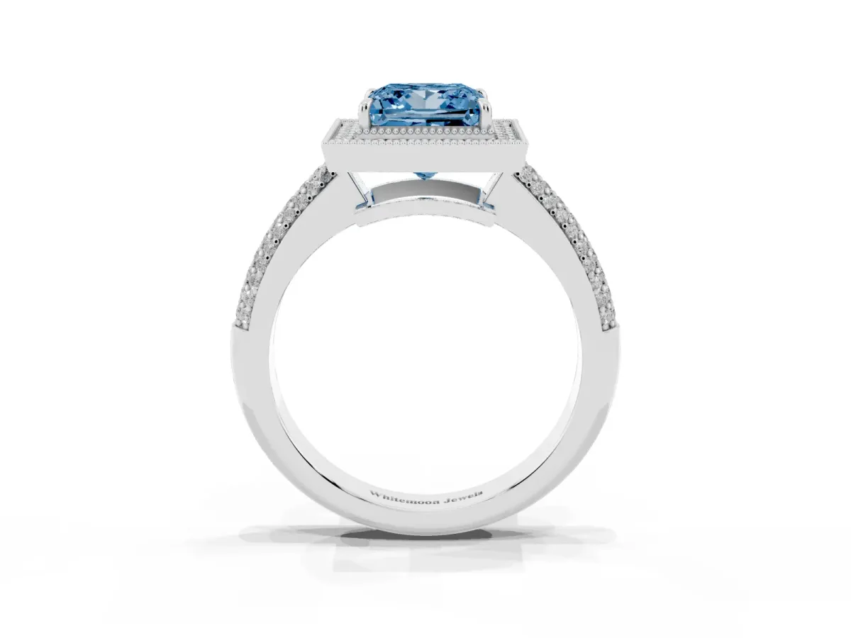 Fancy Blue Princess Cut Cut Halo Diamond Pave Band with Four-Prong Setting Silver