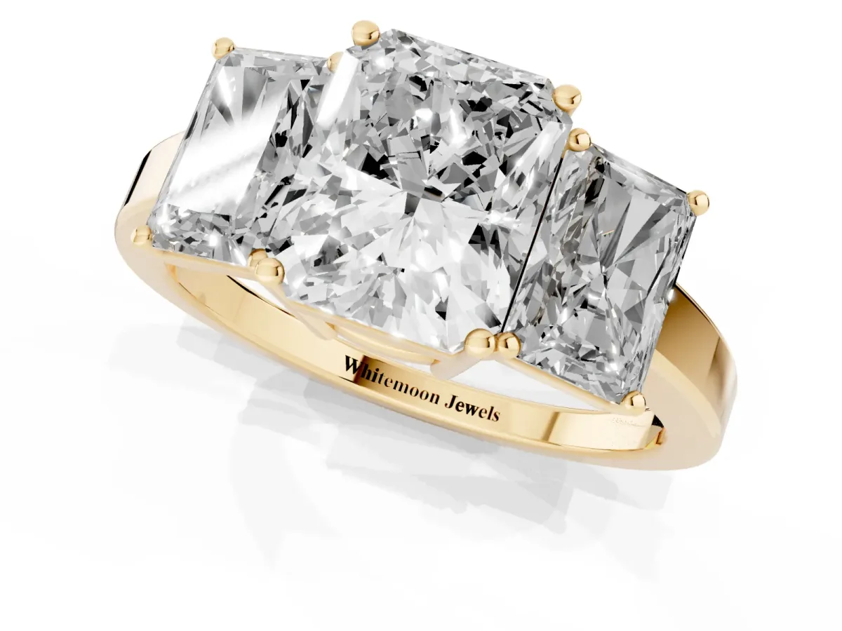 Three-Stone Radiant Cut Cut Diamond Engagement Ring with Flat Band and Four-Prong Setting Yellow gold
