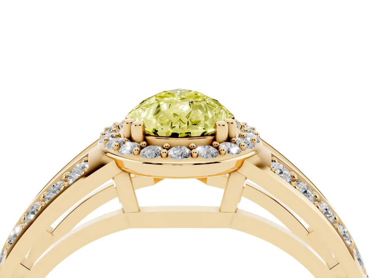Fancy Yellow Pear Cut Diamond Halo Ring with Split Shank Pavé Band and Four-Prong Setting Yellow gold