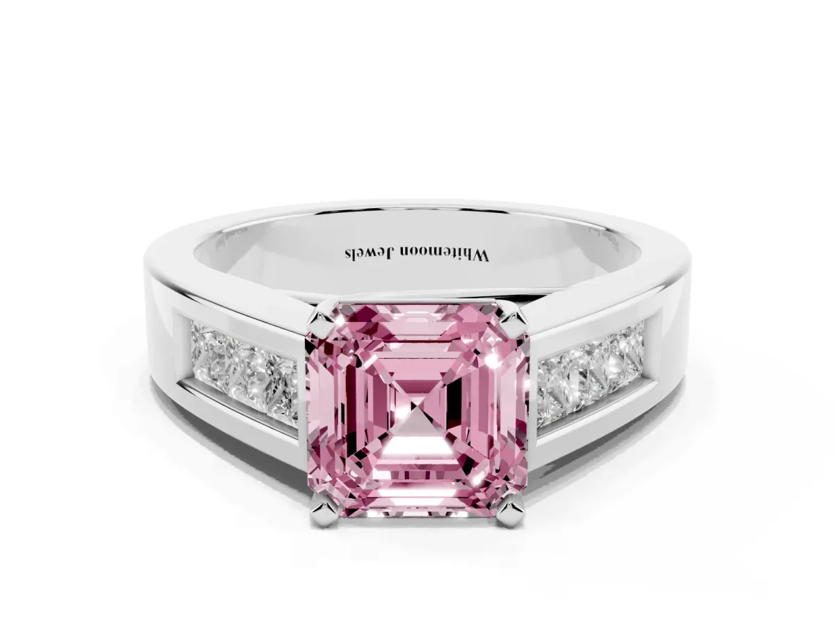 Fancy Pink Asscher Cut Cut Channel Set Solitaire Ring with Four-Prong Setting Silver