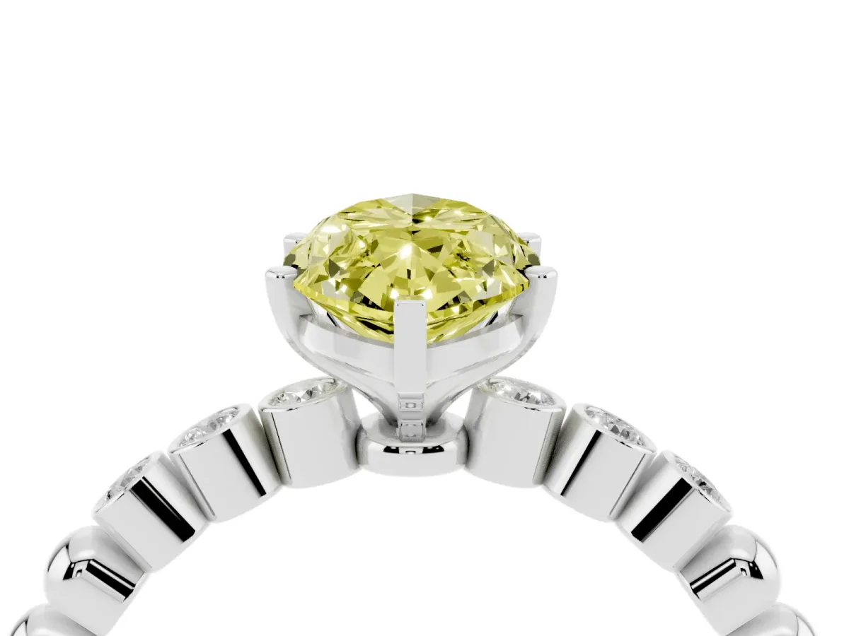 Fancy Yellow Marquise Cut Solitaire Bezel Accent Diamond Engagement Ring with Beaded Band and Four-Prong Setting Platinum
