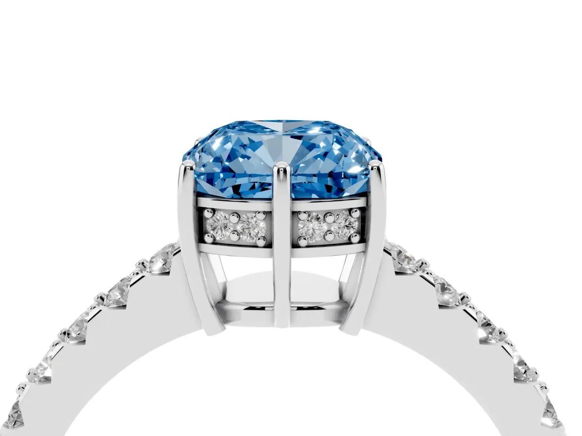 Fancy Blue Cushion Cut Solitaire Diamond Engagement Ring with Pavé Band and Six-Prong Setting Platinum
