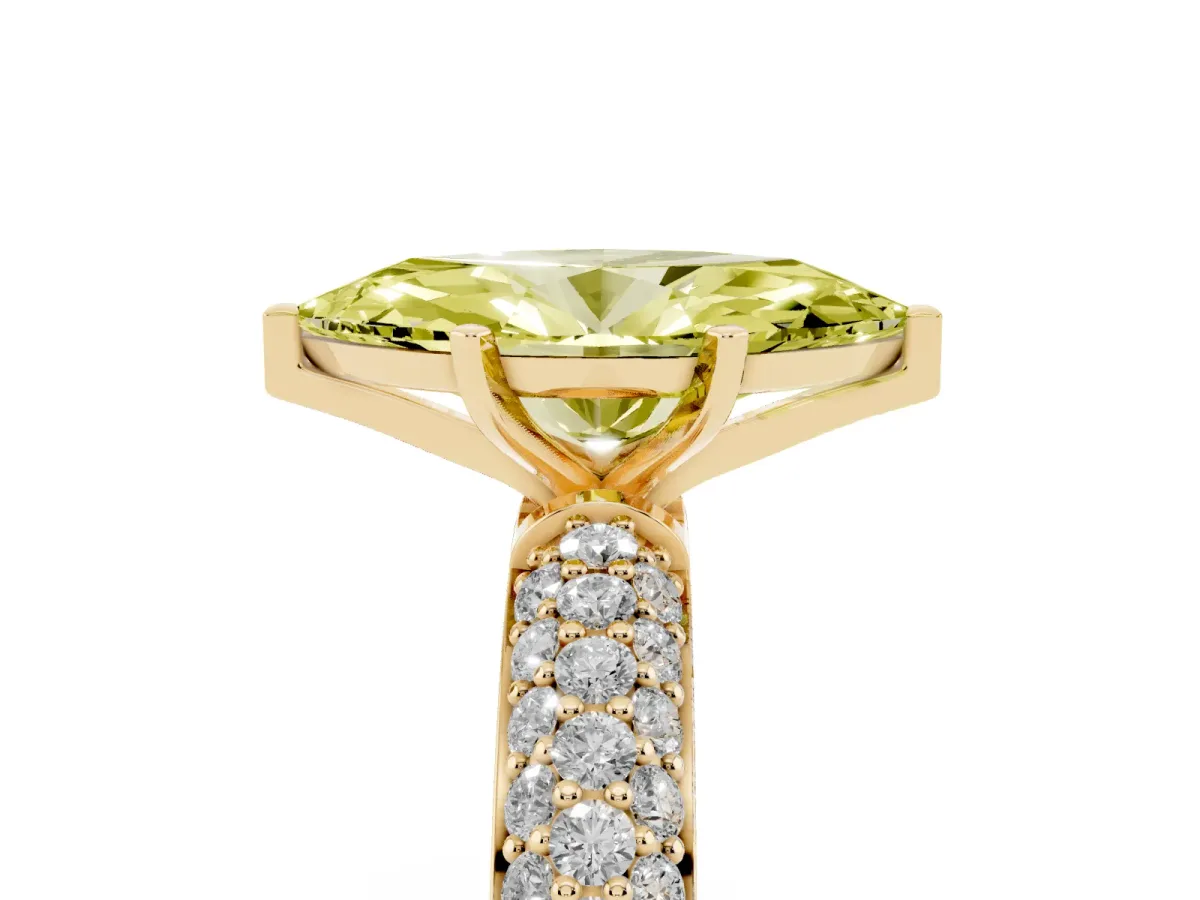 Fancy Yellow Marquise Cut Diamond Solitaire Ring with Prong Setting and Pavé Band Yellow gold