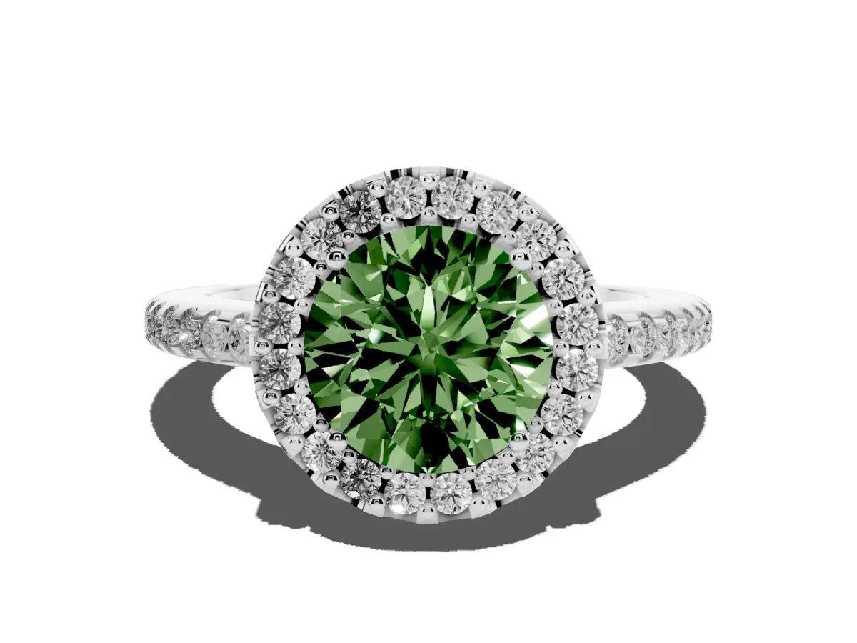 Fancy Green Round Cut Diamond Pavé Halo Ring with Four-Prong Setting Platinum