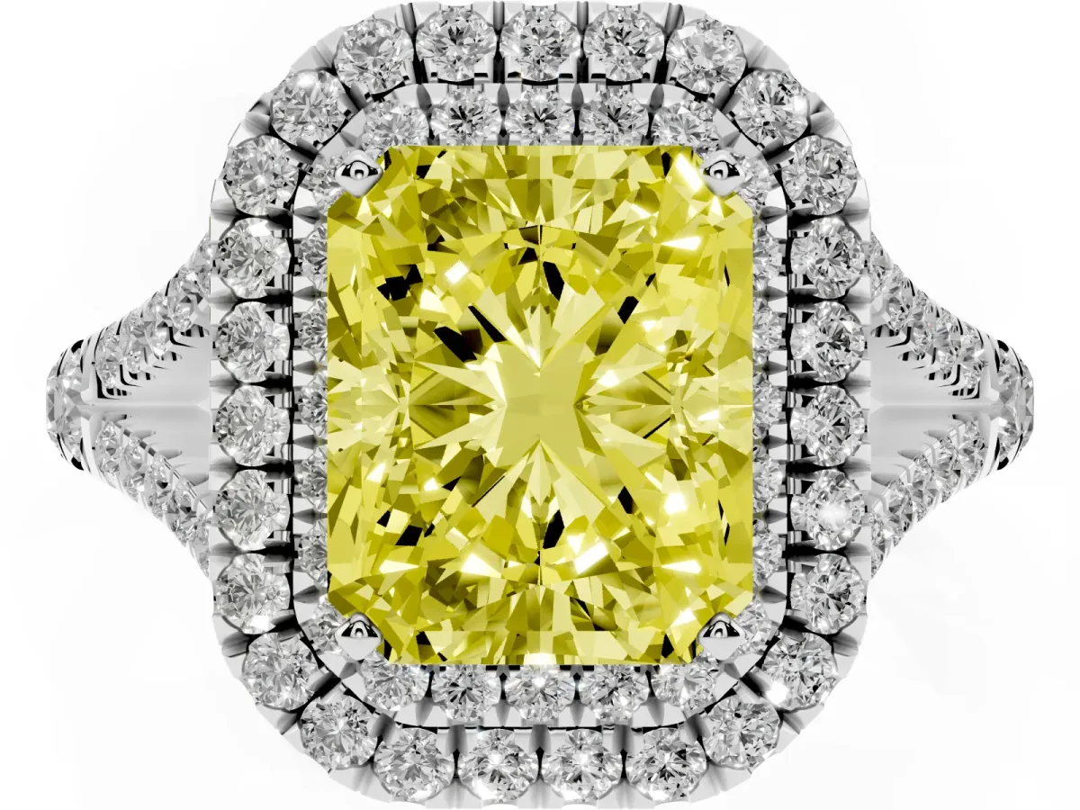 Fancy Yellow Radiant Cut Cut Double Halo Split Shank Diamond Ring with Prong Setting White gold