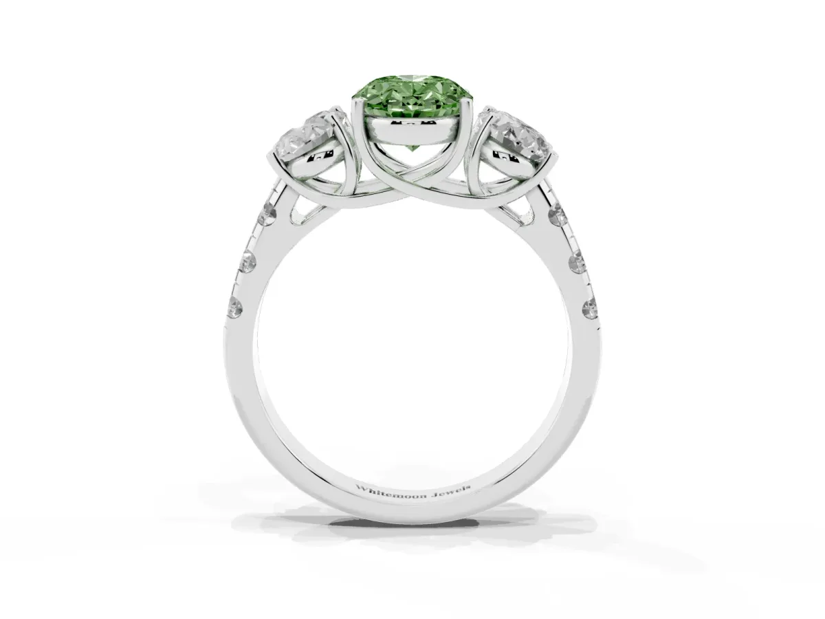 Fancy Green Three-Stone Oval Cut Diamond Pavé Band with Prong Setting Silver