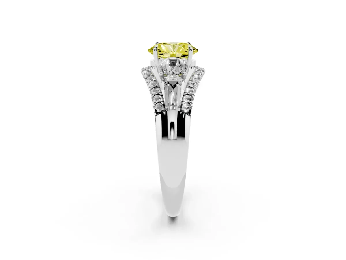 Fancy Yellow Three-Stone Oval Cut Diamond Engagement Ring with Pave Band and Prong Setting Silver