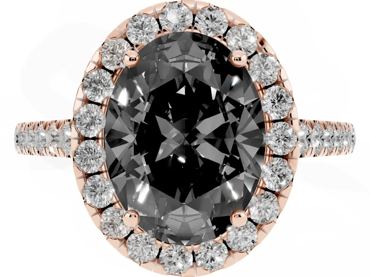 Fancy Black Oval Cut Halo Pave Diamond Engagement Ring with Four-Prong Setting Rose gold