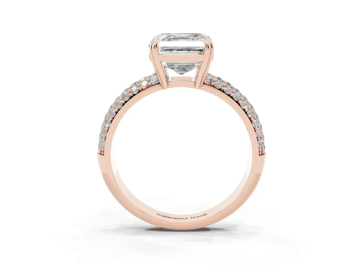 Asscher Cut Diamond Solitaire Ring with Multi-Row Round Pavé Band and Prong Setting Rose gold