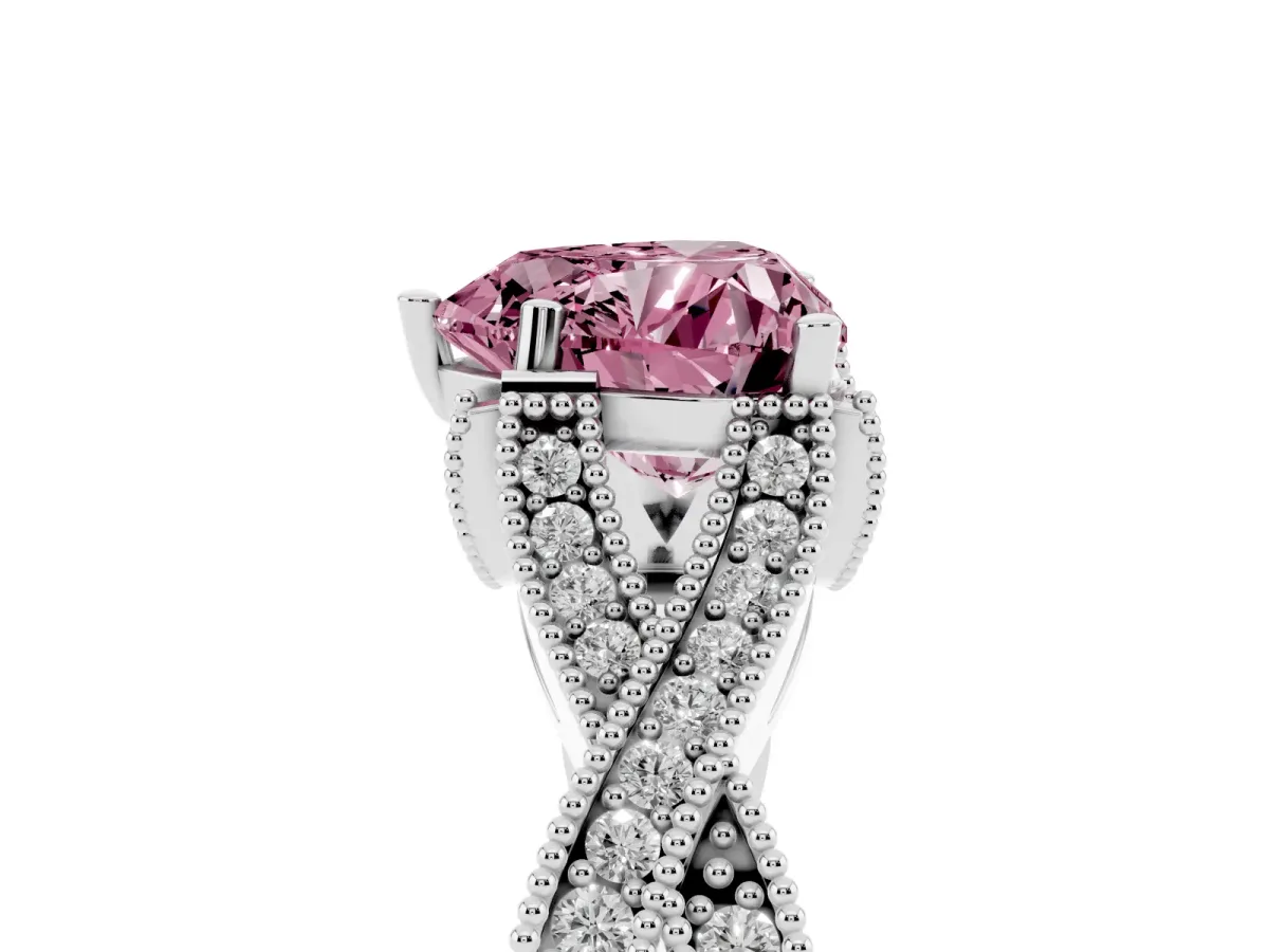 Fancy Pink Heart Cut Cut Diamond Twisted Band with Milgrain Pave Setting and Four-Prong Setting Silver