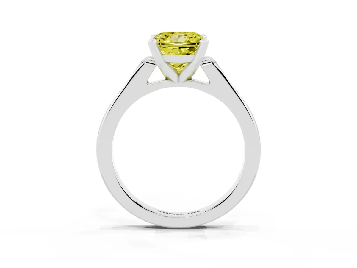 Fancy Yellow Princess Cut Diamond Solitaire Ring with Channel Set Round Band and Prong Setting Platinum