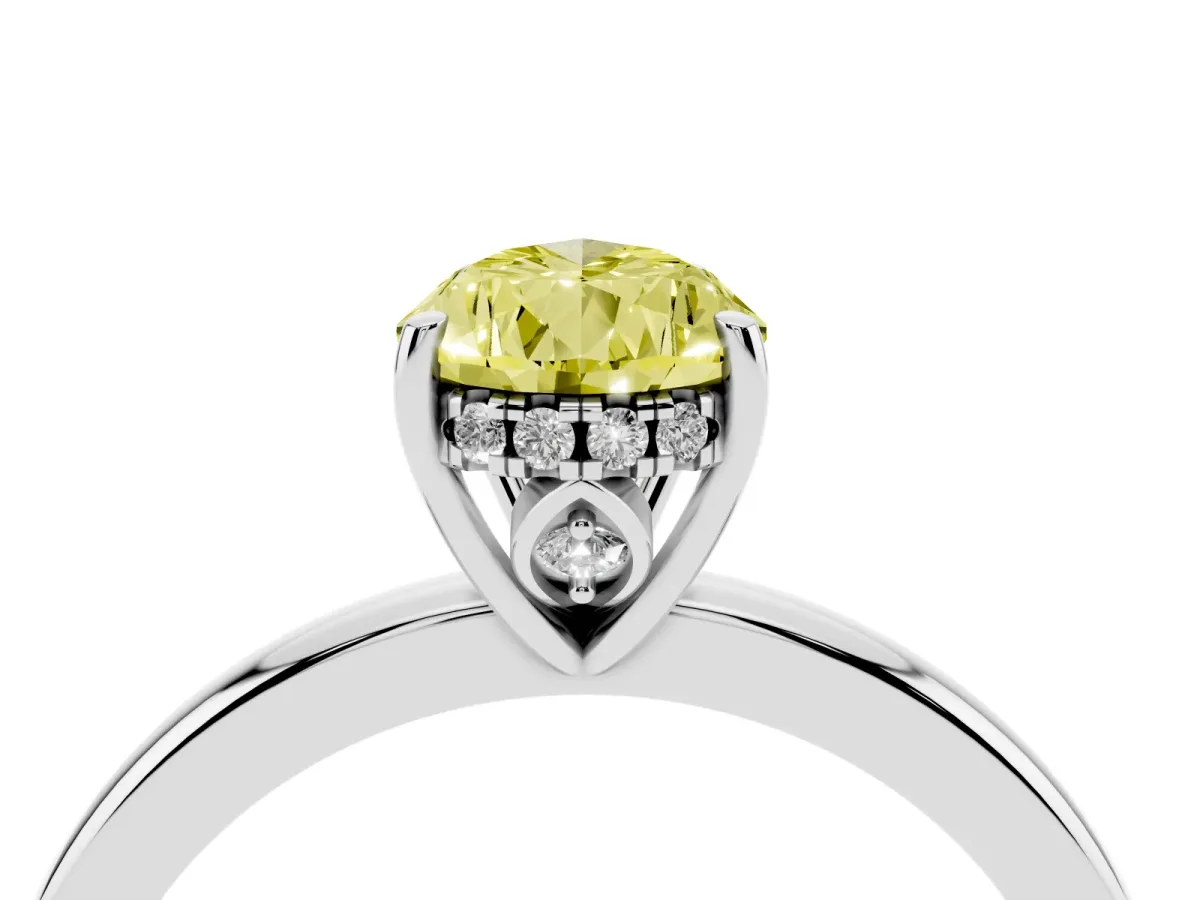 Fancy Yellow Pear Cut Solitaire Diamond Ring with Prong Setting and Plain Band Platinum