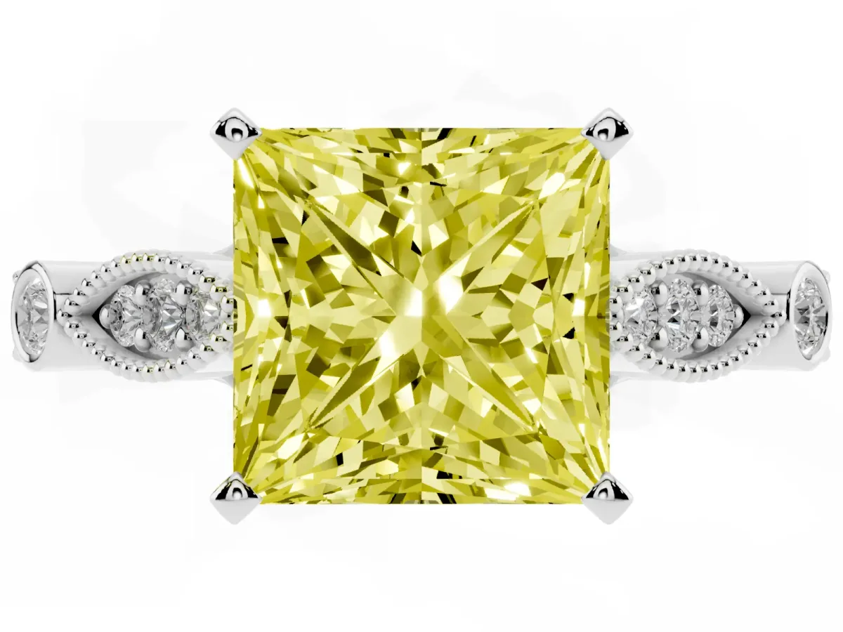 Fancy Yellow Princess Cut Cut Diamond with Milgrain Marquise and Bezel Accents on a Solitaire Band with Prong Setting White gold