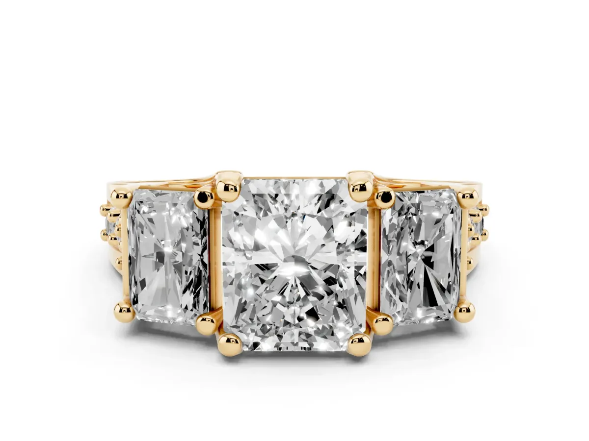 Radiant Cut Diamond Three-Stone Ring with Channel Set Band and Four-Prong Setting Yellow gold