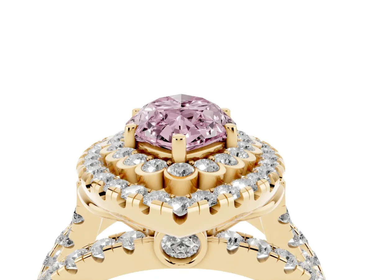 Fancy Pink Marquise Cut Diamond Double Halo Ring with Round Pavé Split Shank and Prong Setting Yellow gold