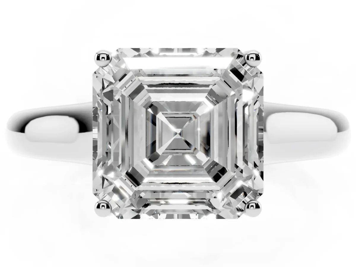 Asscher Cut Solitaire Engagement Ring with Tapered Band and Four-Prong Setting Silver