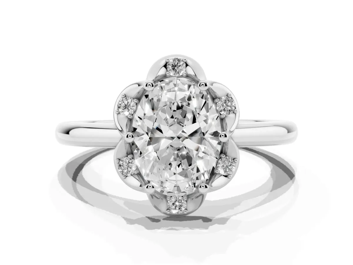 Oval Cut Halo Diamond Ring with Round Cluster Setting, Solitaire Band, and Four-Prong Setting Silver