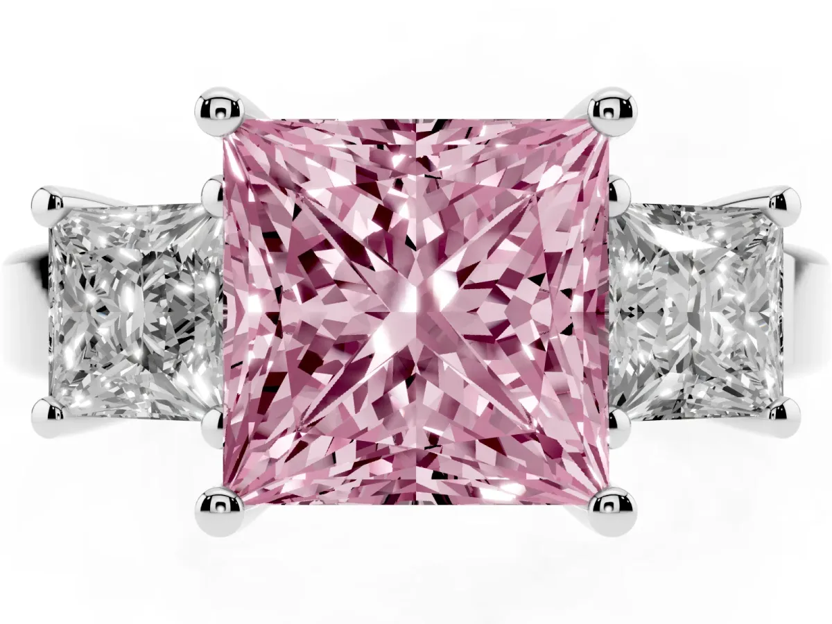Fancy Pink Three-Stone Princess Cut Cut Solitaire Ring with Prong Setting Silver