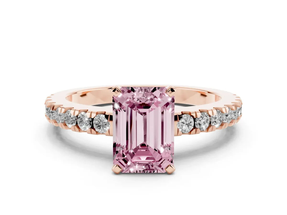 Fancy Pink Emerald Cut Solitaire Diamond with Pavé Band and Four-Prong Setting Rose gold