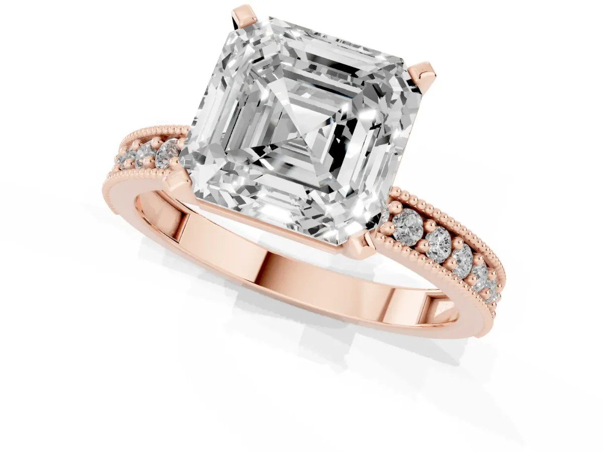 Asscher Cut Diamond Milgrain Pavé Engagement Ring with Four-Prong Setting Rose gold