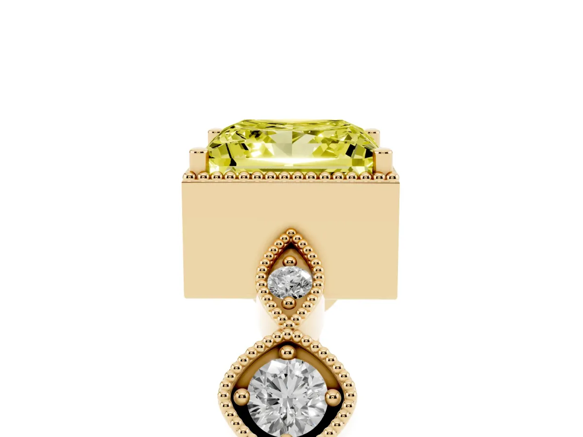 Fancy Yellow Princess Cut Diamond Vintage Milgrain Ring with Round Stations Yellow gold