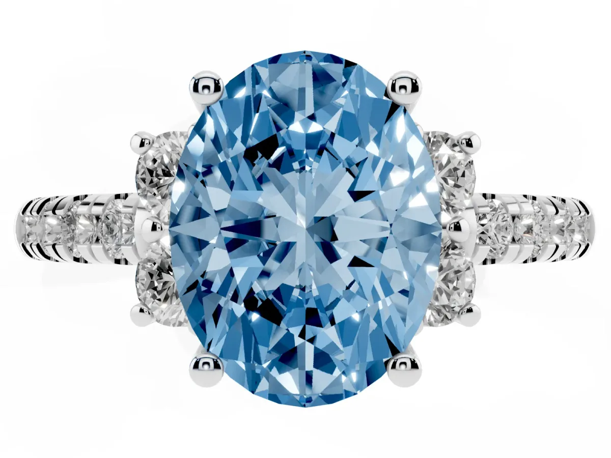 Fancy Blue Oval Cut Diamond Three-Stone Pave Band with Four-Prong Setting Silver