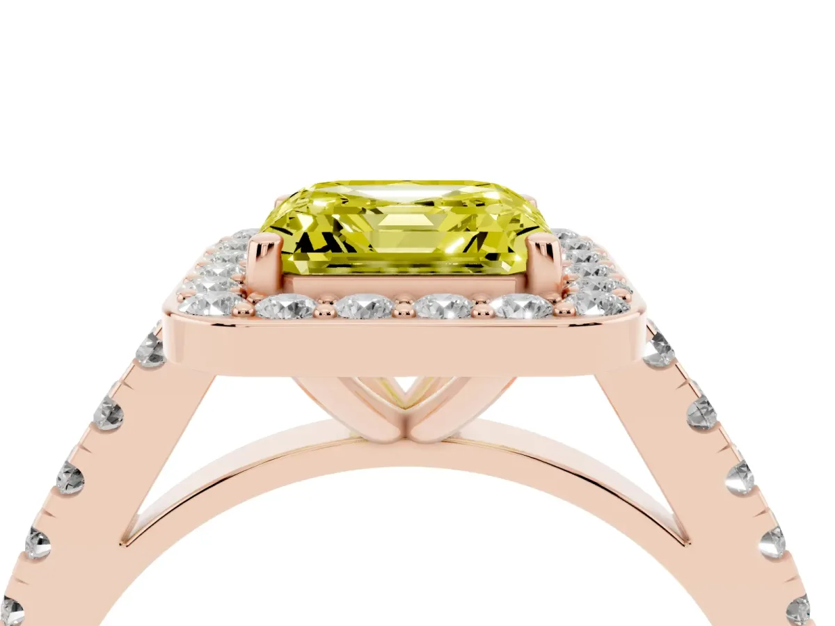 Fancy Yellow Asscher Cut Diamond Halo Ring with Round Pavé Split Shank and Prong Setting Rose gold