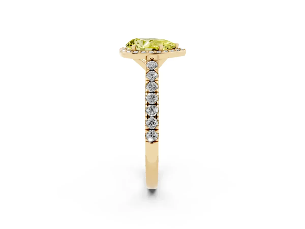 Fancy Yellow Pear Cut Cut Halo Diamond Engagement Ring with Pave Band and Four-Prong Setting Yellow gold