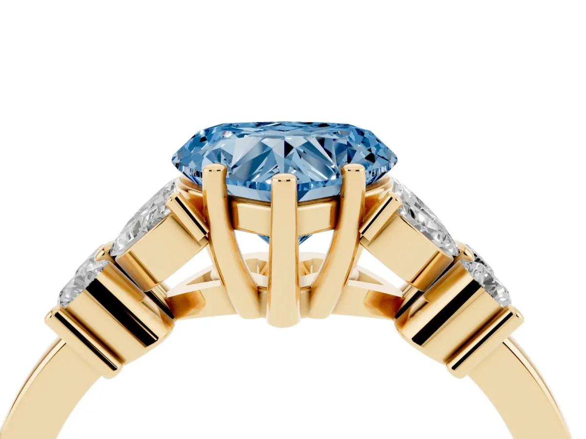Fancy Blue Heart Cut Diamond Floral Cluster Ring with Solitaire Band and Prong Setting Yellow gold
