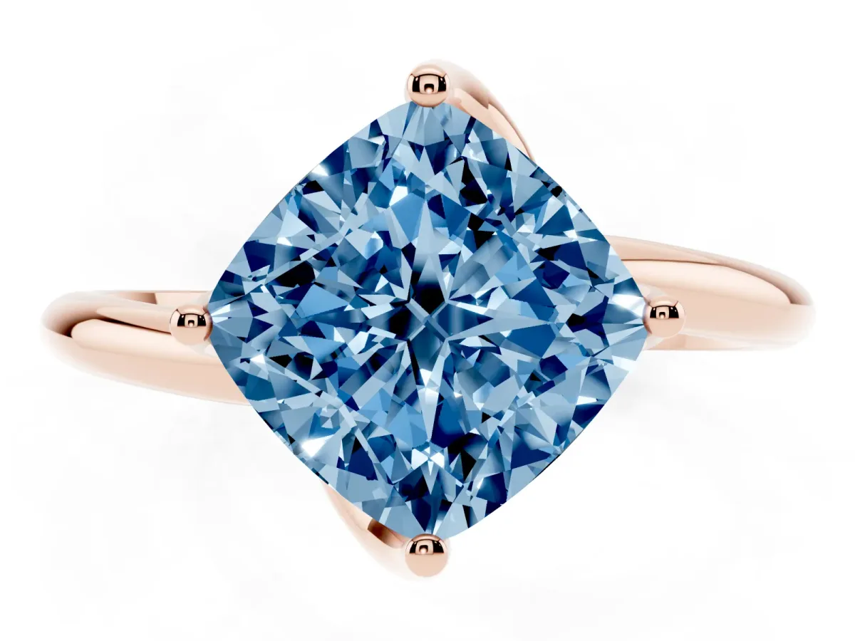 Fancy Blue Cushion Cut Diamond Solitaire Engagement Ring with Four-Prong Setting and Classic Band Rose gold