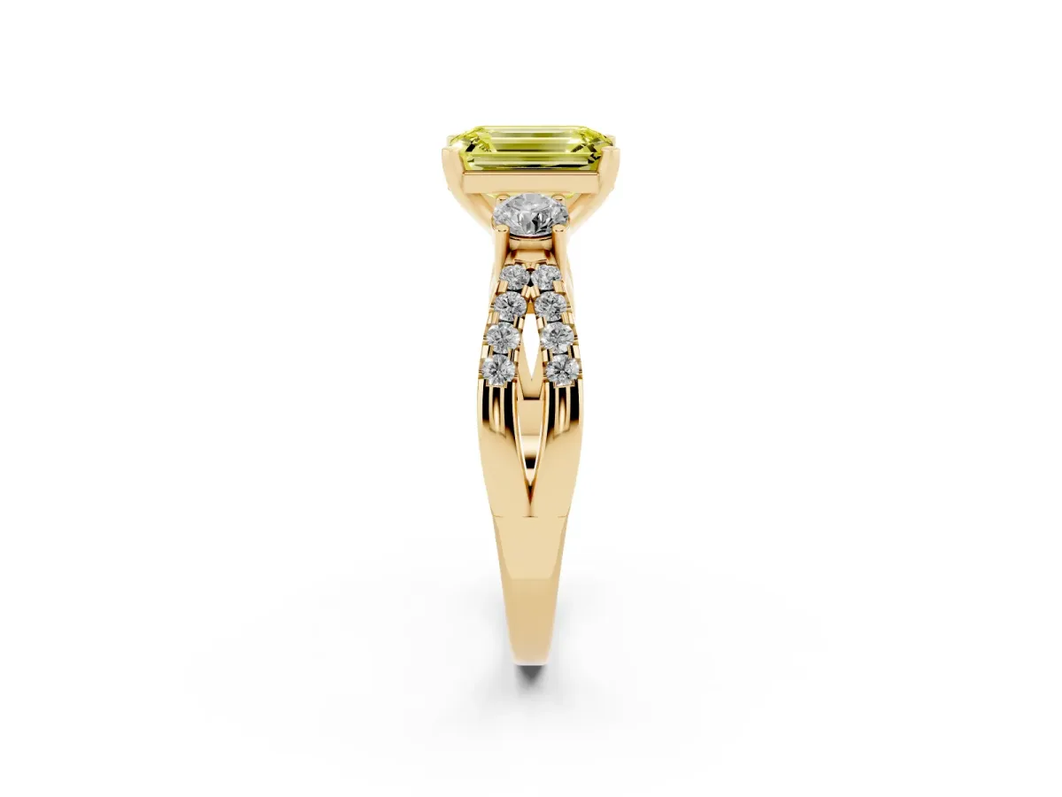 Fancy Yellow Emerald Cut Diamond Three-Stone Ring with Pavé Split Shank and Four-Prong Setting Yellow gold