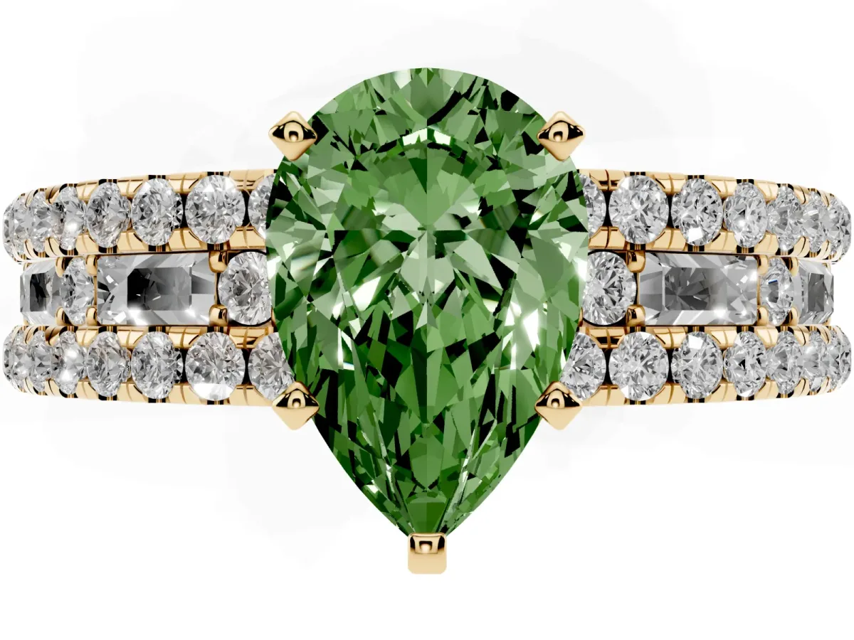 Fancy Green Pear Cut Diamond Solitaire Ring with Pavé and Channel Set Band Yellow gold
