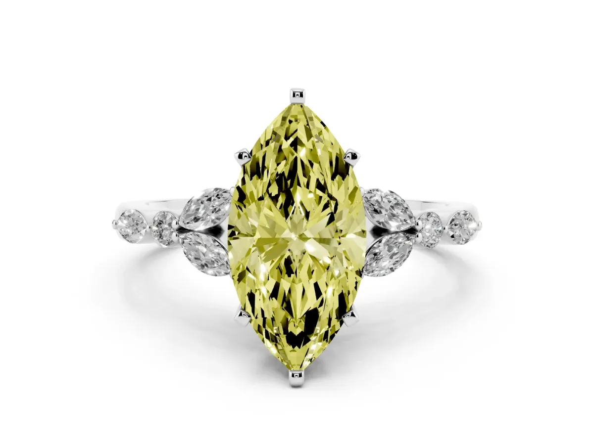 Fancy Yellow Marquise Cut Diamond Solitaire Ring with Side Stones and Four-Prong Setting Silver