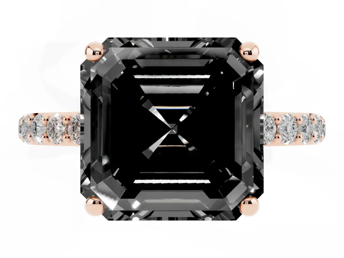 Fancy Black Asscher Cut Diamond Solitaire Ring with Round Pavé Band and Prong Setting Rose gold